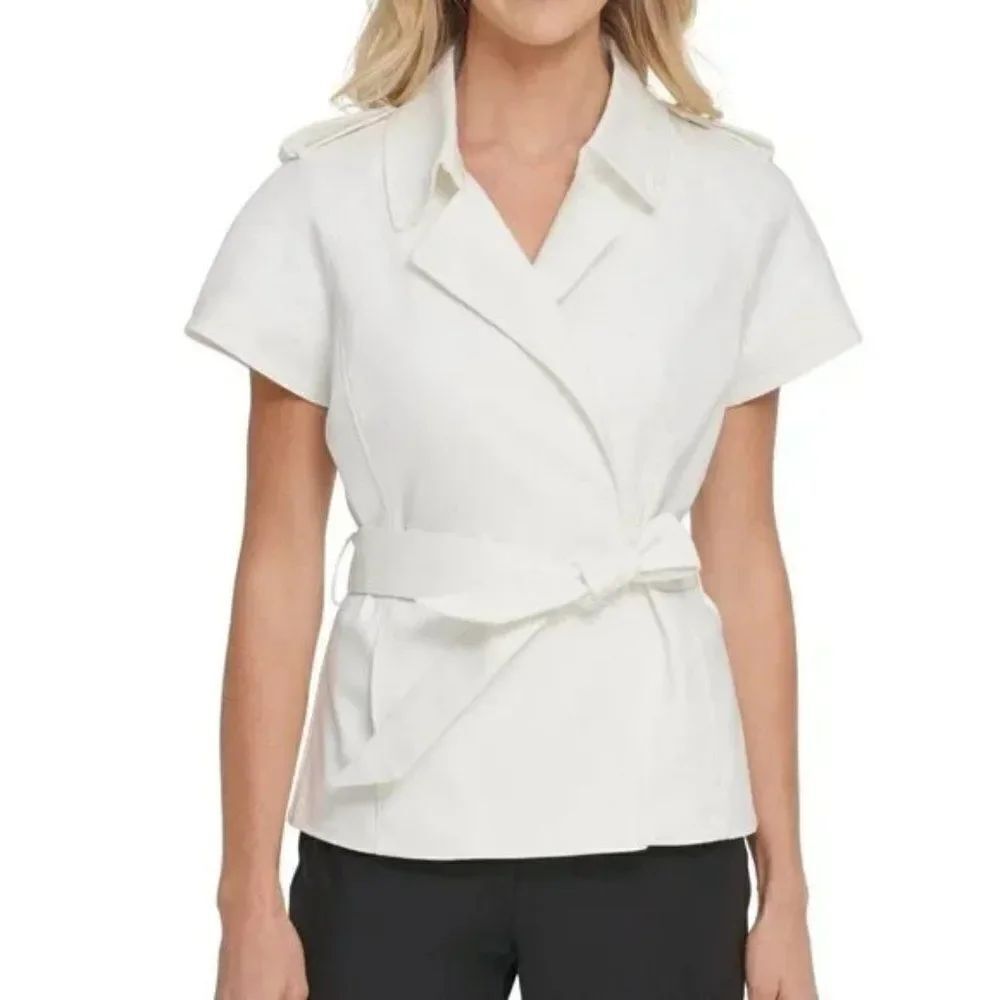 NEW! DKNY Ivory Belted Short Sleeve Jacket size Large